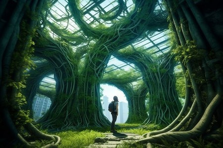 3d illustration of a woman standing in a tunnel of green treesの素材