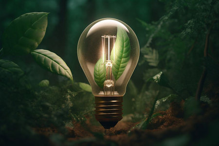 Glowing light bulb with green leaves inside. Eco concept. 3D Renderingの素材