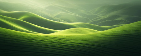3D rendering of green wavy landscape with hills in the backgroundの素材