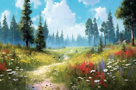 Digital painting of meadow with wildflowers and forest in backgroundの素材