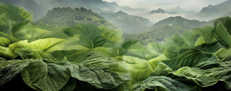 Panorama of green leaf in the mountains with misty background.の素材