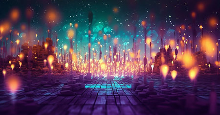 Futuristic city with glowing lights, 3d rendering digital illustrationの素材