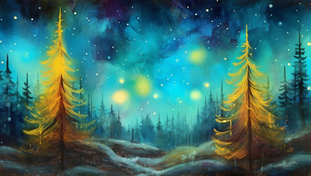 Christmas and New Year background. Fir trees in the forest at night.の素材