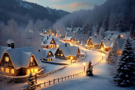 Snowy winter in the mountains, a beautiful New Year's Eve city, a holiday.の素材