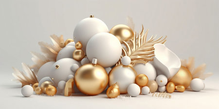 Christmas and New Year background with gold and white balls. 3d renderingの素材