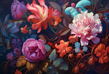 Beautiful flowers on the wall. Colorful floral background. digital painting.の素材
