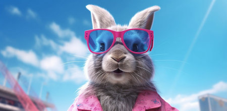 Funny bunny wearing pink sunglasses on blue sky background. 3d renderingの素材