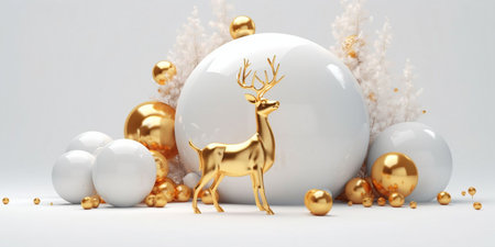 Christmas and New Year background. 3D rendering. Golden deer on white background.の素材