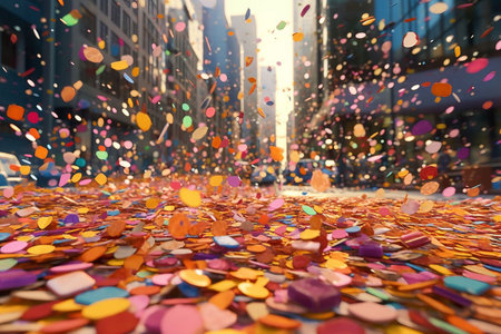 Colorful confetti falling on the street in City.の素材