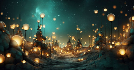 Fantasy landscape with road and lights. 3d rendering. computer digital drawing.の素材