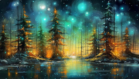 Fantasy winter landscape with fir trees and lake. digital painting.の素材