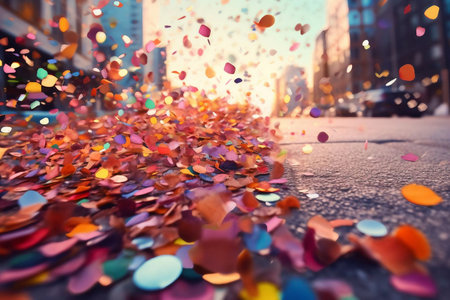 Colorful confetti falling on the road in the city. Shallow depth of fieldの素材
