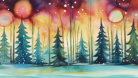 winter forest. watercolor painting. Christmas and New Year background.の素材