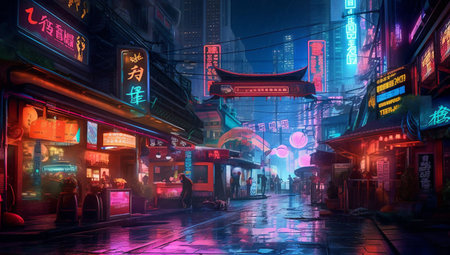 Night view of a street in Sci-fi City.の素材