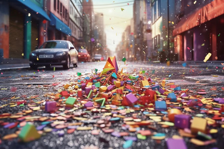 Colorful confetti with car in the background. 3d renderingの素材