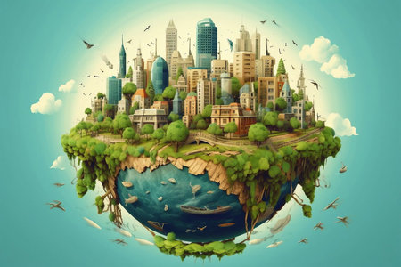 Fantasy planet earth with buildings and birds flying in the sky.の素材