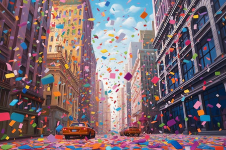 City street view with skyscrapers and flying confetti.の素材
