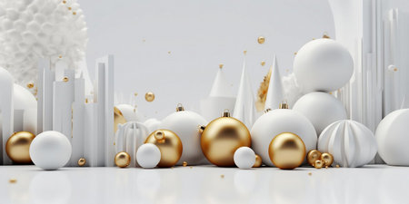 Christmas background with white and golden baubles. 3D renderingの素材