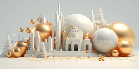 3d render of Christmas and New Year background with white and golden decorationsの素材