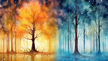 Winter forest with snowflakes and trees. watercolor painting.の素材