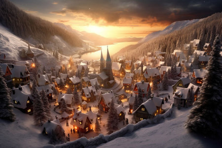 Winter village at sunset in the mountains.の素材