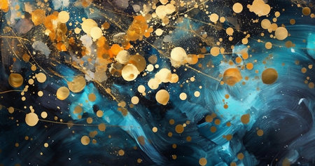 Abstract blue watercolor background with gold paint splashes and golden spotsの素材