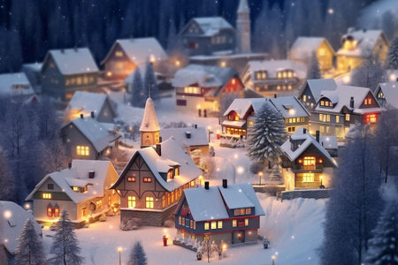 Winter village with houses in the snow, Christmas and New Year backgroundの素材