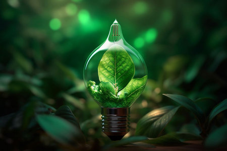 Ecology concept with light bulb and green leaves. 3D Renderingの素材