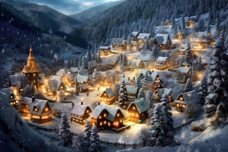 Winter village in the mountains. Christmas and New Year background. 3d renderingの素材
