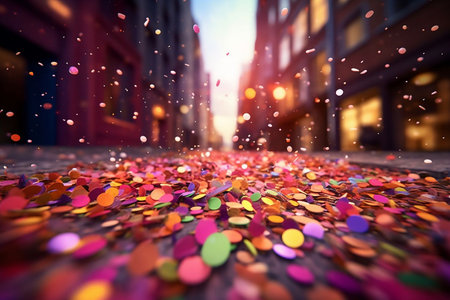 Colorful confetti flying on the street at night, 3d renderingの素材