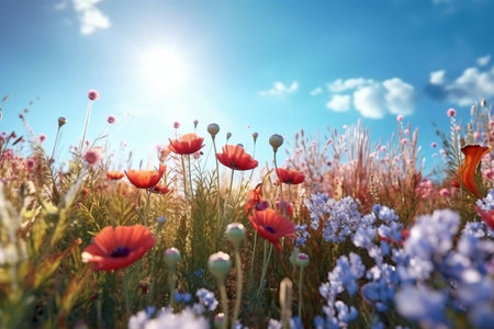 poppies and blue hyacinths on blue sky backgroundの素材