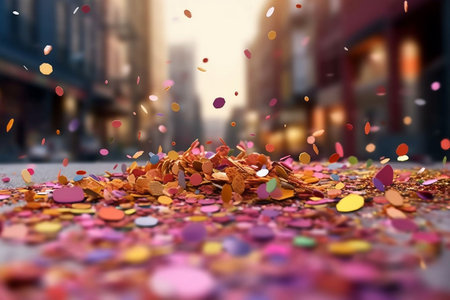 Colorful confetti falling down on city street. 3d renderingの素材