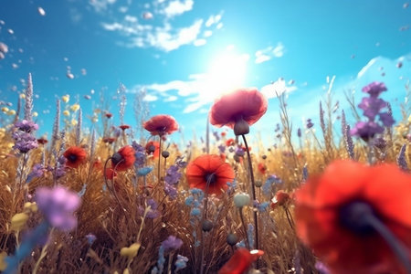 poppies in a field with blue sky and sun. 3d renderingの素材
