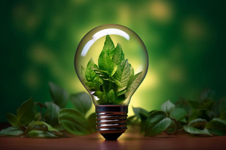 Light bulb with fresh green leaves inside. Ecology and environment concept.の素材