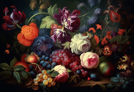 Still life with flowers, berries and fruits on a dark background.の素材