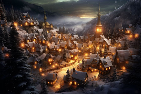 Fairy tale town in the snow at night. 3D renderingの素材