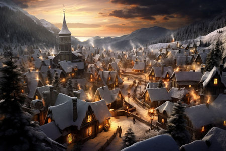 Winter village in the mountains at sunset. Christmas background. digital paintingの素材