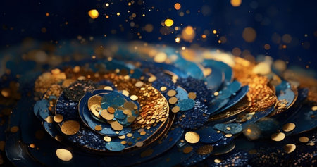 Abstract blue background with golden confetti. 3d render illustration.の素材