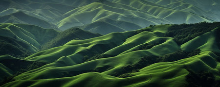 Landscape of green hills in the mountains. 3d render illustrationの素材