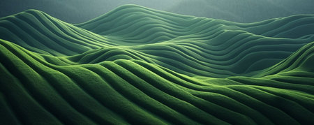 3d rendering of green wavy hills in fog. beautiful mountain sceneryの素材