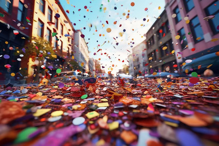 Colorful confetti falling on the ground in a city street.の素材