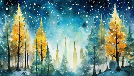 Winter forest with falling snow. watercolor painting. Christmas background.の素材