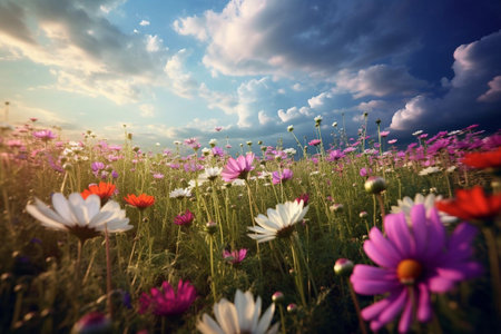 Cosmos flower field with blue sky and white clouds in vintage styleの素材