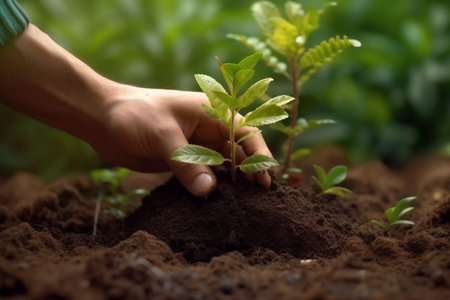 Human hand planting a small tree in the soil with nature background.の素材