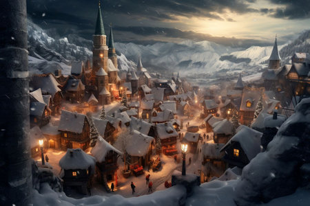 Winter fairy tale scene. Christmas and New Year holidays background. Fairytale town in winter.の素材