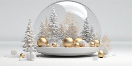 3D rendering of Christmas ornaments in a snow globe.の素材