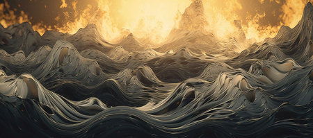 3d illustration of abstract fantasy landscape with wavy surface and fireの素材