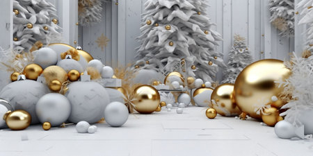 3d render of christmas tree with golden and silver baublesの素材