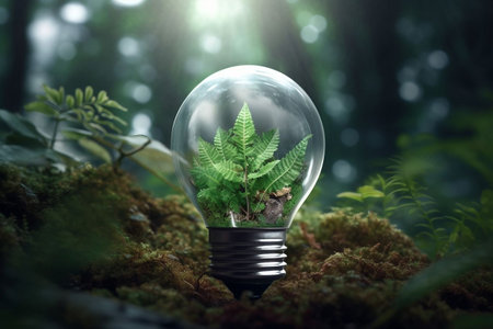 Light bulb with green plant inside in the forest. Eco concept.の素材