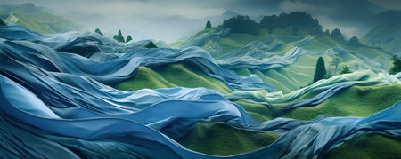 3d render of abstract landscape with blue cloth and green hills.の素材